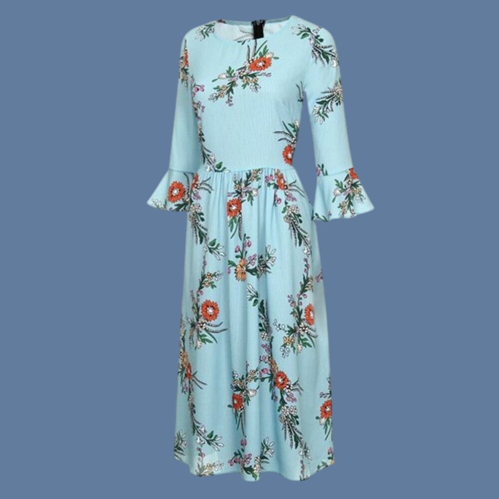Women's Flounce 3/4 Sleeve Gathered Waist Crew Neck Floral Fit & Flare Dress L - Picture 5 of 6